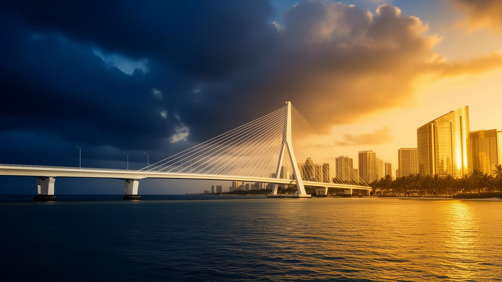 A modern bridge crossing from darkness into golden sunrise over a tropical skyline